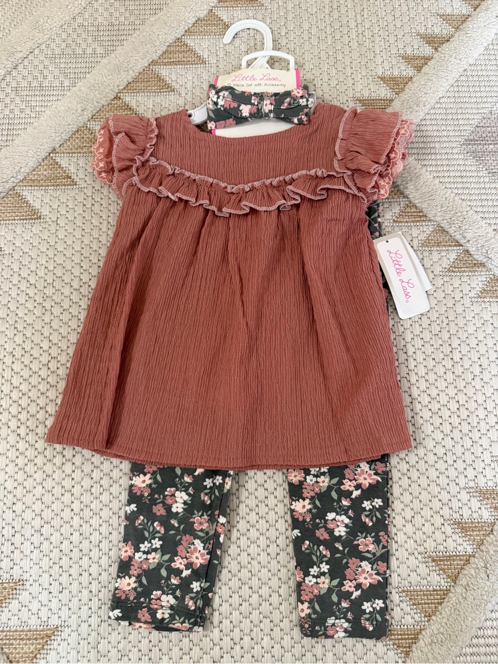 Little Lass Mauve Ruffle Top with Floral Leggings Set